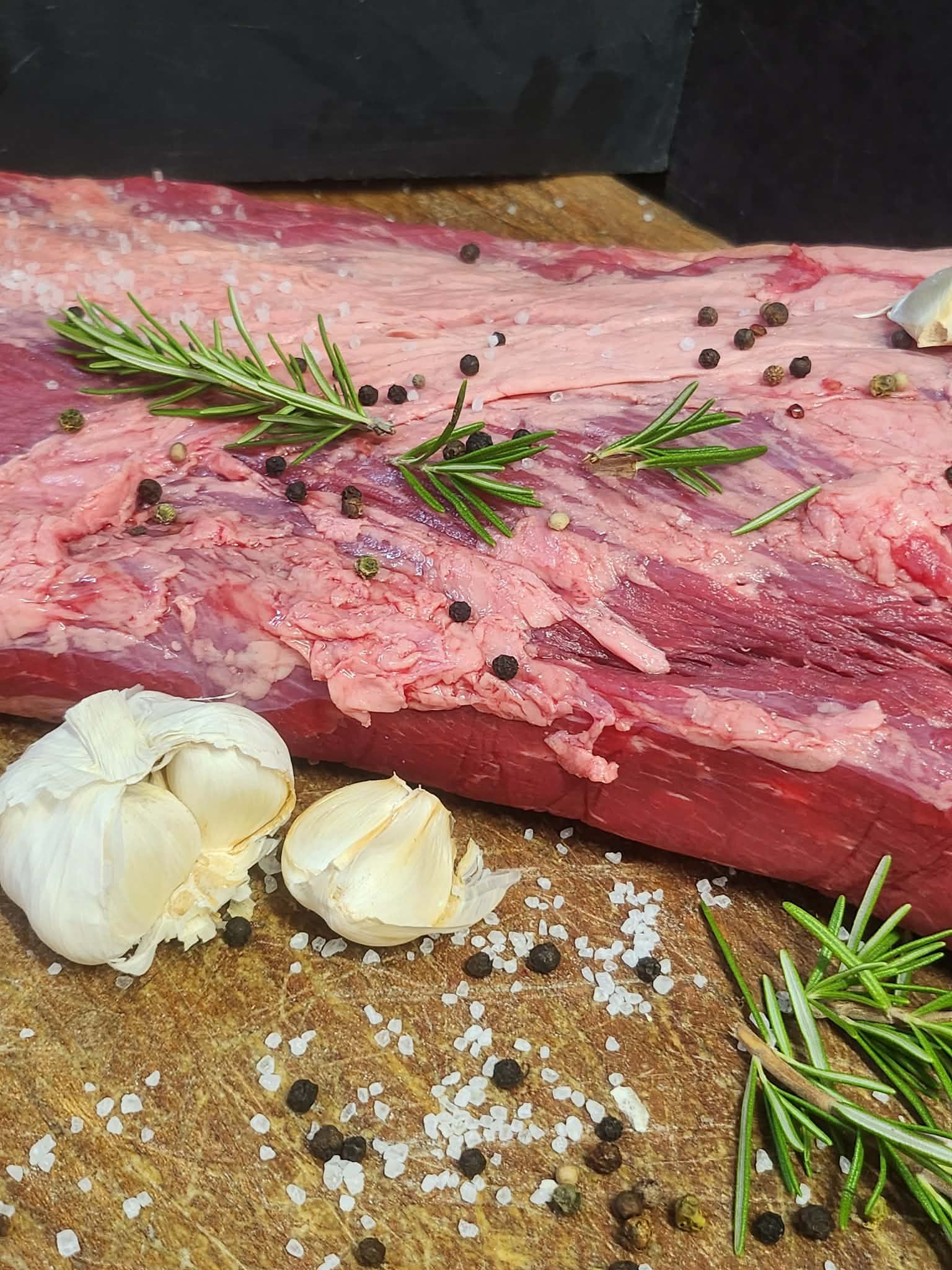 Whole joint of locally reared beef with rosemary, garlic and sea salt